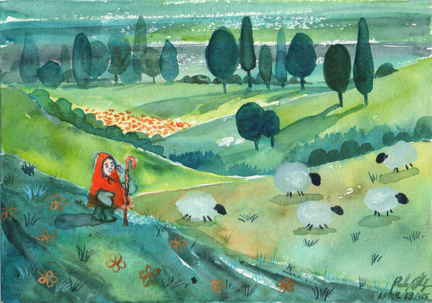 My Little Shepherd Watercolor Gouache Colored Pencil Traditional Hand Drawn CHildrens book Illustration of a little shepherd in a red coat and a flock of sheep on the green hills