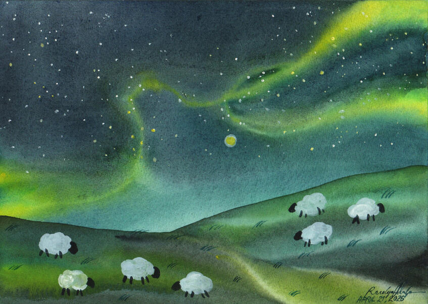 Watercolor Gouache Colored Pencil Traditional Hand Drawn CHildrens book Illustration of a flock of sheep standing on the hills in the night while the aurora borealis is visible in the sky