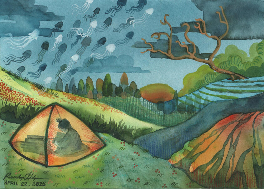 Where The Jellyfishes Fly Watercolor Gouache Colored Pencil Traditional Hand Drawn CHildrens book Illustration of a child inside a lit tent on top of the hills reading a book. Outside was a field offlowers on top of the hills and the sunset is visible in the almost night sky where