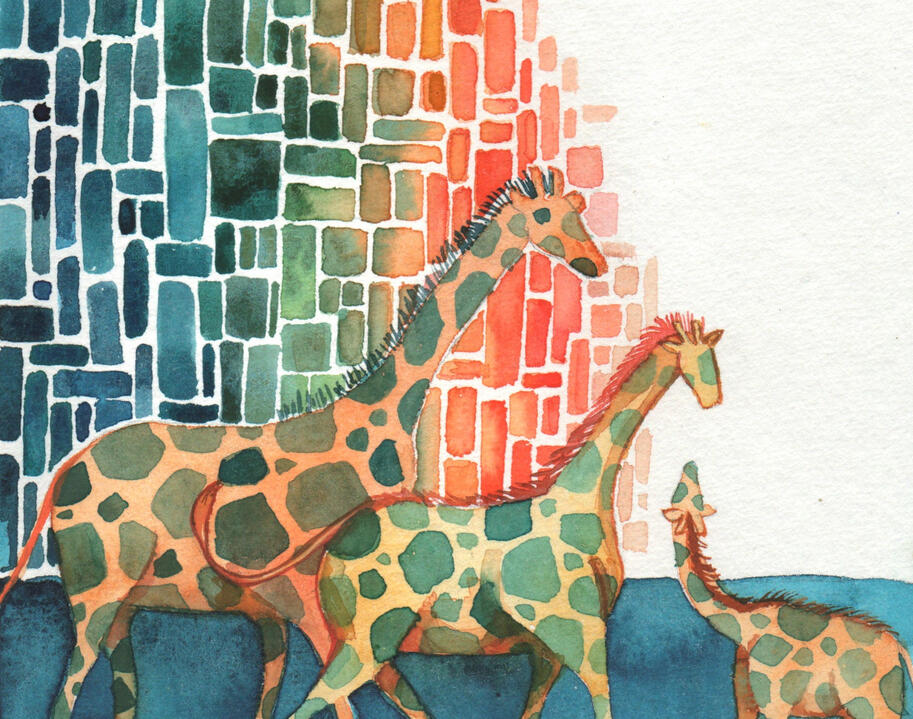 Wonderwall Watercolor Traditional Hand Drawn Children’s Book Illustration of a family of 3 giraffes walking and talking while passing a rainbow brick wall