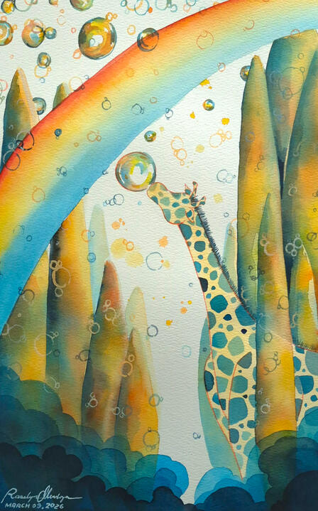 Something out of the Ordinary Watercolor Gouache Colored Pencils Traditional Hand Drawn Children’s Book Illustration of a Giraffe touching a bubble with its nose while there is rainbow and set on a created tree topiary