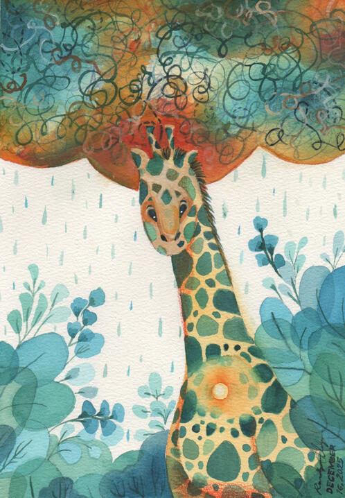 Unspooling Watercolor Gouache Colored Pencil Traditional Hand drawn Children’s Book Illustration of a giraffe having confused and chaotic thoughts seen with a glowing hope in its chest while it is surrounded with plants and while it is raining
