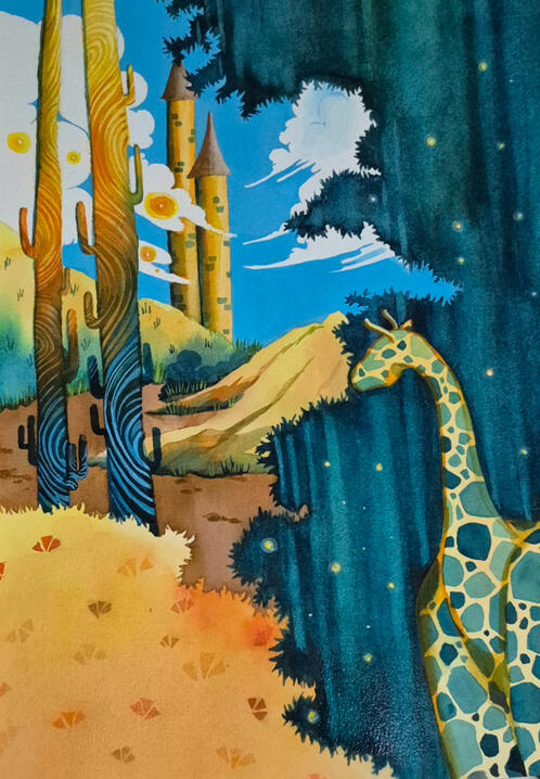 Home Hunting Watercolor Gouache Colored Pencil Traditional Hand Drawn Children’s Book Illustration of a giraffe's head peeking through imaginary world of trees bushes and plants and wind. where there is a castle seen at a distance in daylight.