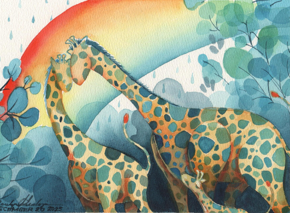 Watercolor Gouache Colored Pencil Traditional Hand Drawn Children’s Book Illustration of a family of 3 giraffes walking and cuddling through droplets of rain and rainbow and bushes.