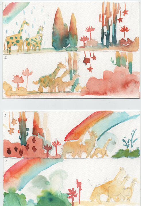 Watercolor Gouache Colored Pencil Traditional Hand Drawn Children’s Book Illustration of a giraffe's head peeking through imaginary world of trees bushes and plants and wind.