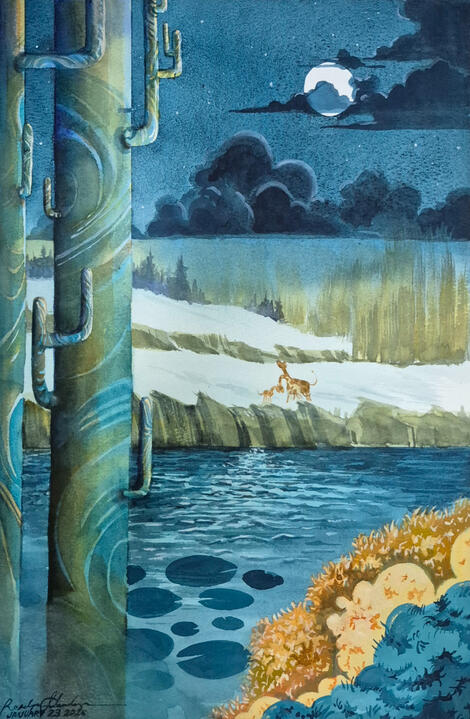 Watercolor Gouache Traditional Hand drawn Children’s Book Illustration of a family of giraffes enjoying solace under moonlight