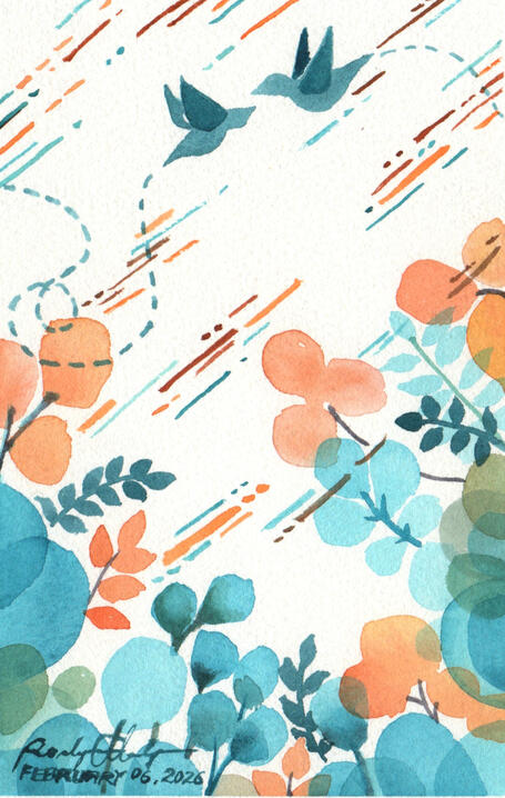 Watercolor Gouache Colored Pencil Traditional Hand Drawn Children’s Book Illustration of imaginary bushes with wind and birds