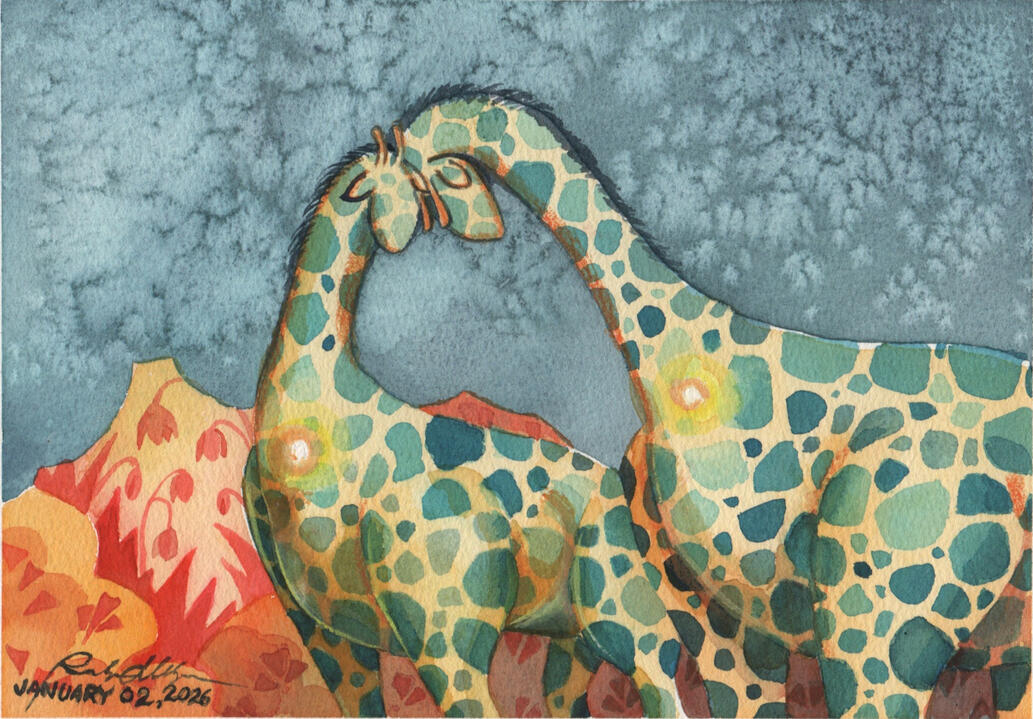 Watercolor Gouache Colored pencil traditional habd drawn children's book illustration of a couple giraffe pregnant and butting foreheads hopeful in 5he midst of chaos and uncertainty