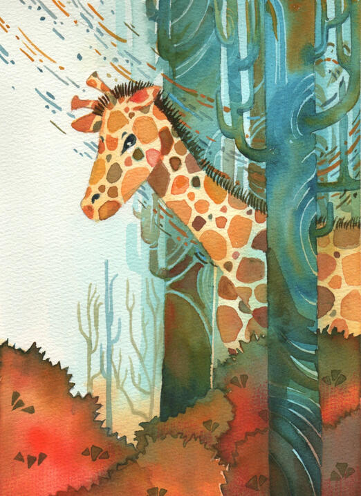 Watercolor Gouache Colored Pencil Traditional Hand Drawn Children’s Book Illustration of a giraffe's head peeking through imaginary world of trees bushes and plants and wind.
