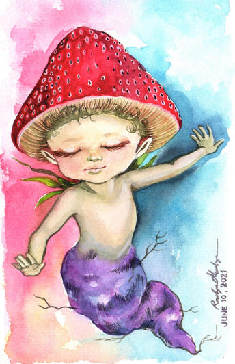 Shroomberry Sprite 1 Watercolor Gouache Colored Pencil Traditional Hand Drawn CHildrens book Illustration of a mythical creature made from strawberry and mushroom and a purple yam breed of fairy sprite.