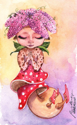 Watercolor Gouache Colored Pencil Traditional Hand Drawn CHildrens book Illustration of a mythical creature made from mulberry and mushroom breed of fairy sprite.